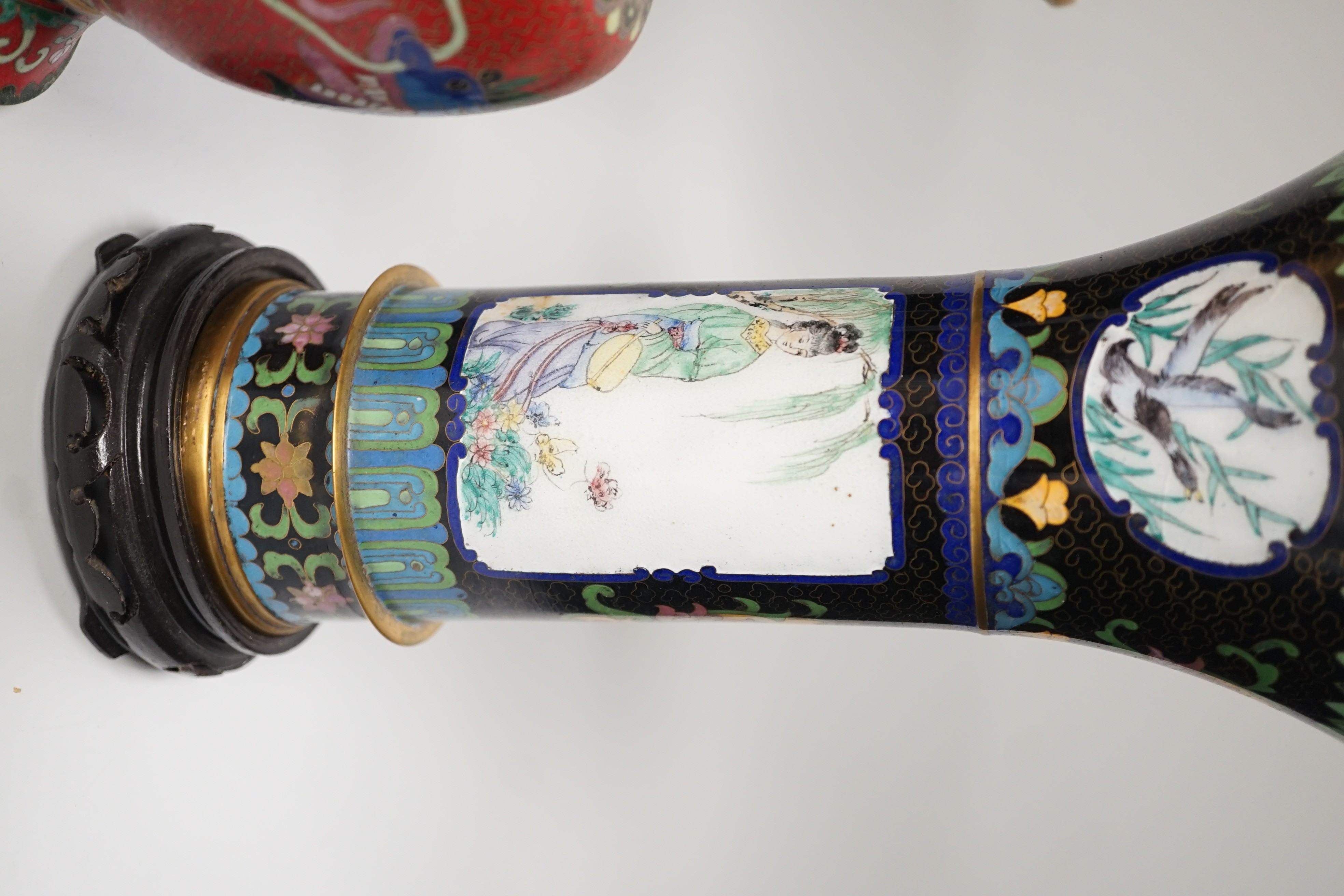 A pair of Chinese cloisonné enamel beaker vases and a dragon vase, pair of vases 27cm